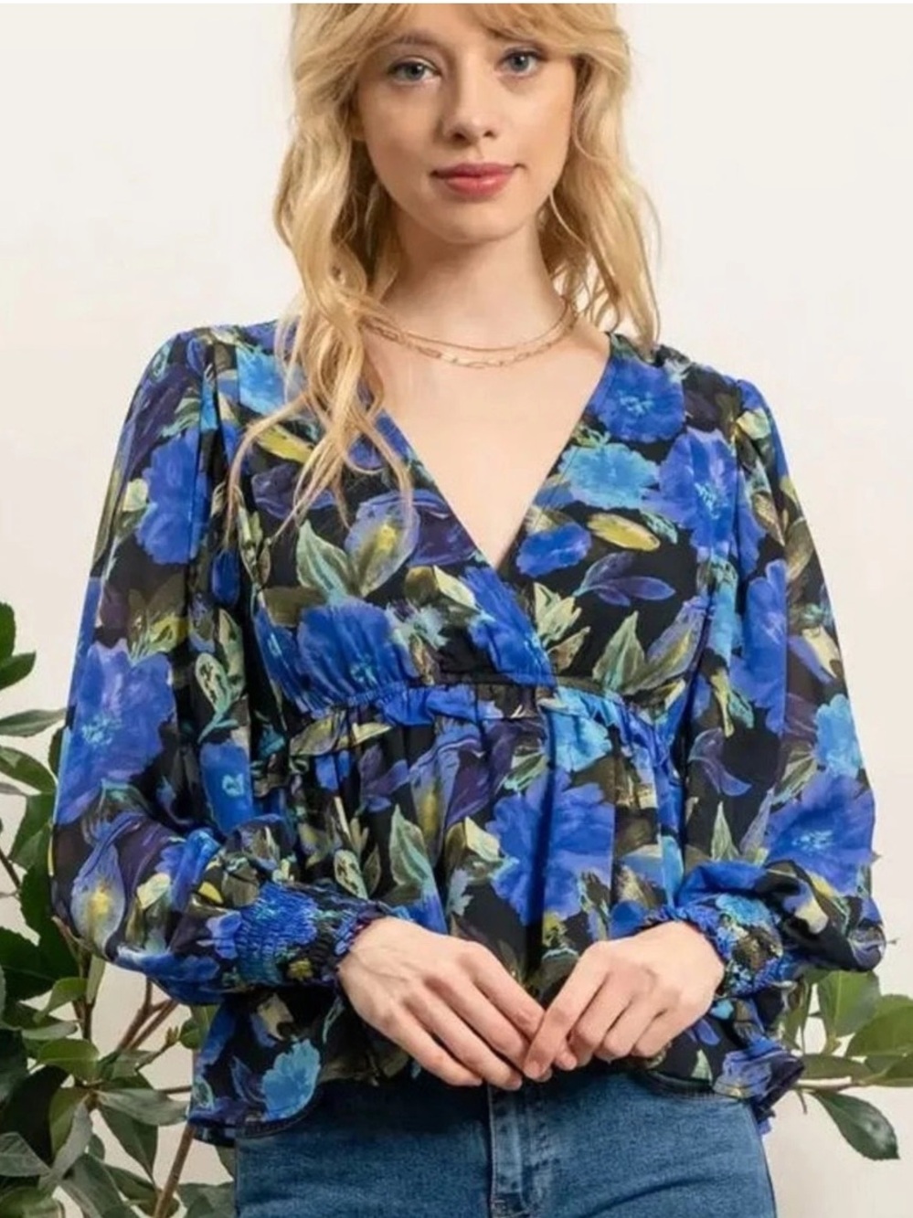 Blu Pepper Blue Floral V-Neck Long-SleeveTop